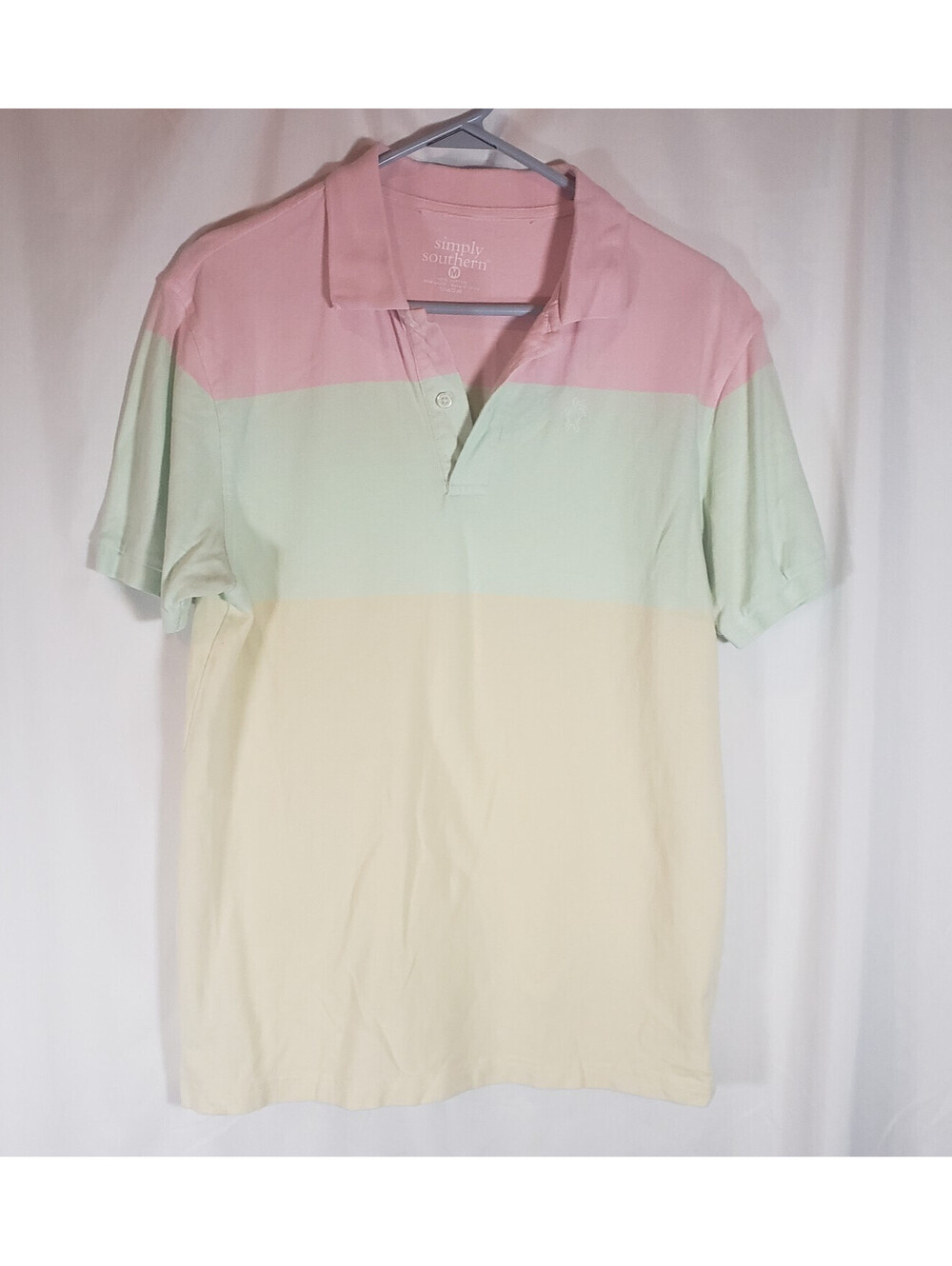 Simply Southern Womens M Pink Mint Yellow Colorblock Polo Shirt Turtle Logo